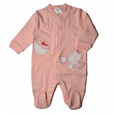 Pijama salopeta roz corai cu ceainic si pisicuta (0-24 luni)